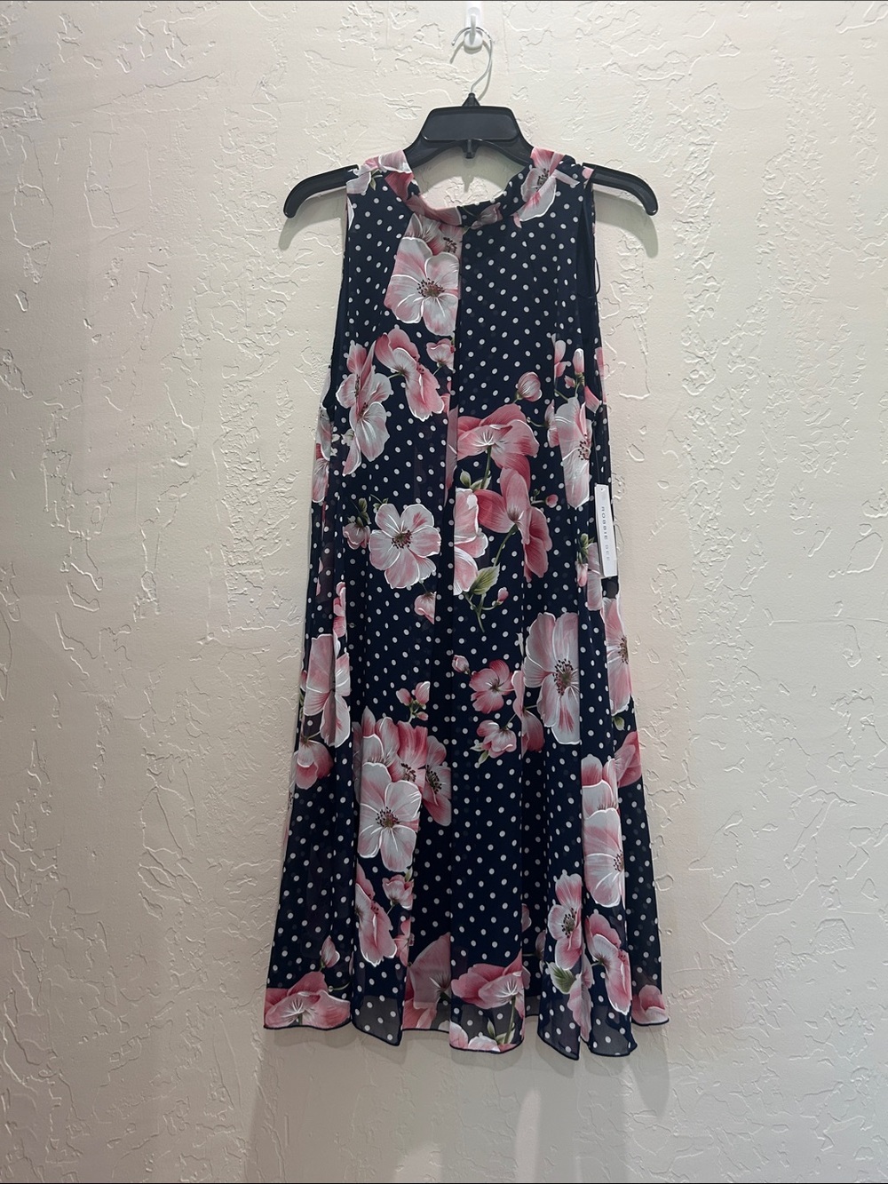 Robbie Bee Navy Dress with Pink Floral & White Polka Dots